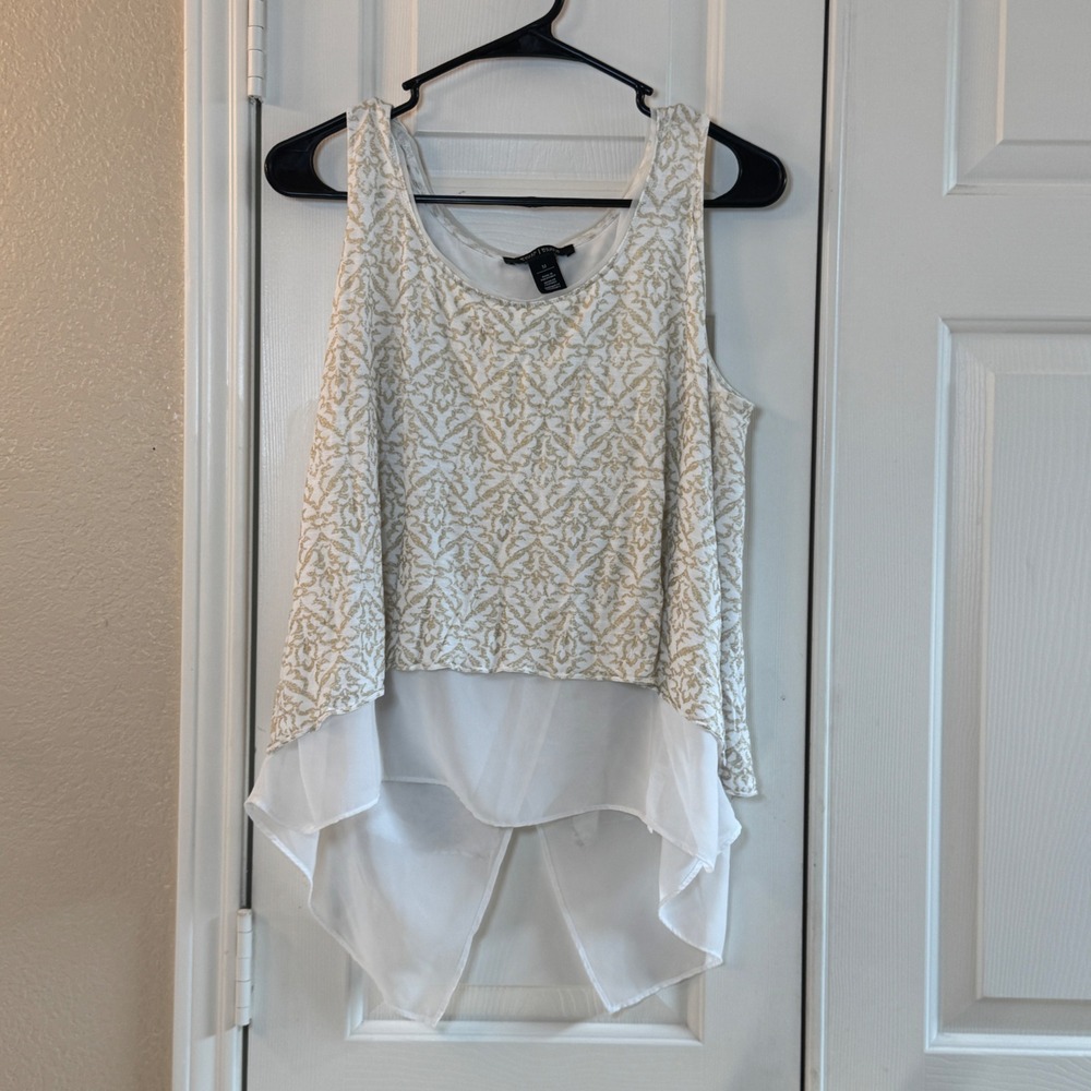 White‎ House/Black Market Gold & White Scoop Neck Sleeveless Top Sz M Split Back